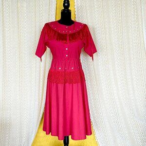 Vintage 80s Lilia Smitty Red Fringe Western Midi Dress Size 5/6